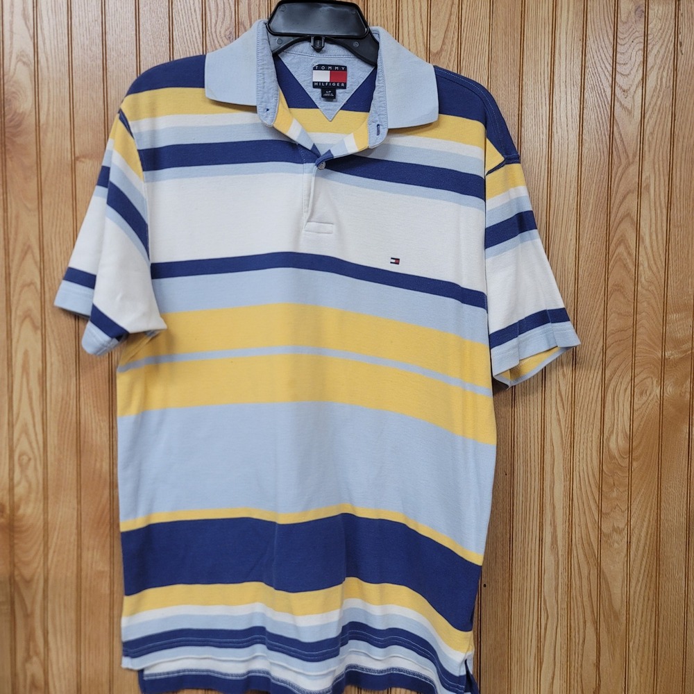 Tommy Hilfiger Mens Waffle Knit Striped Polo Shirt Blue Yellow Small